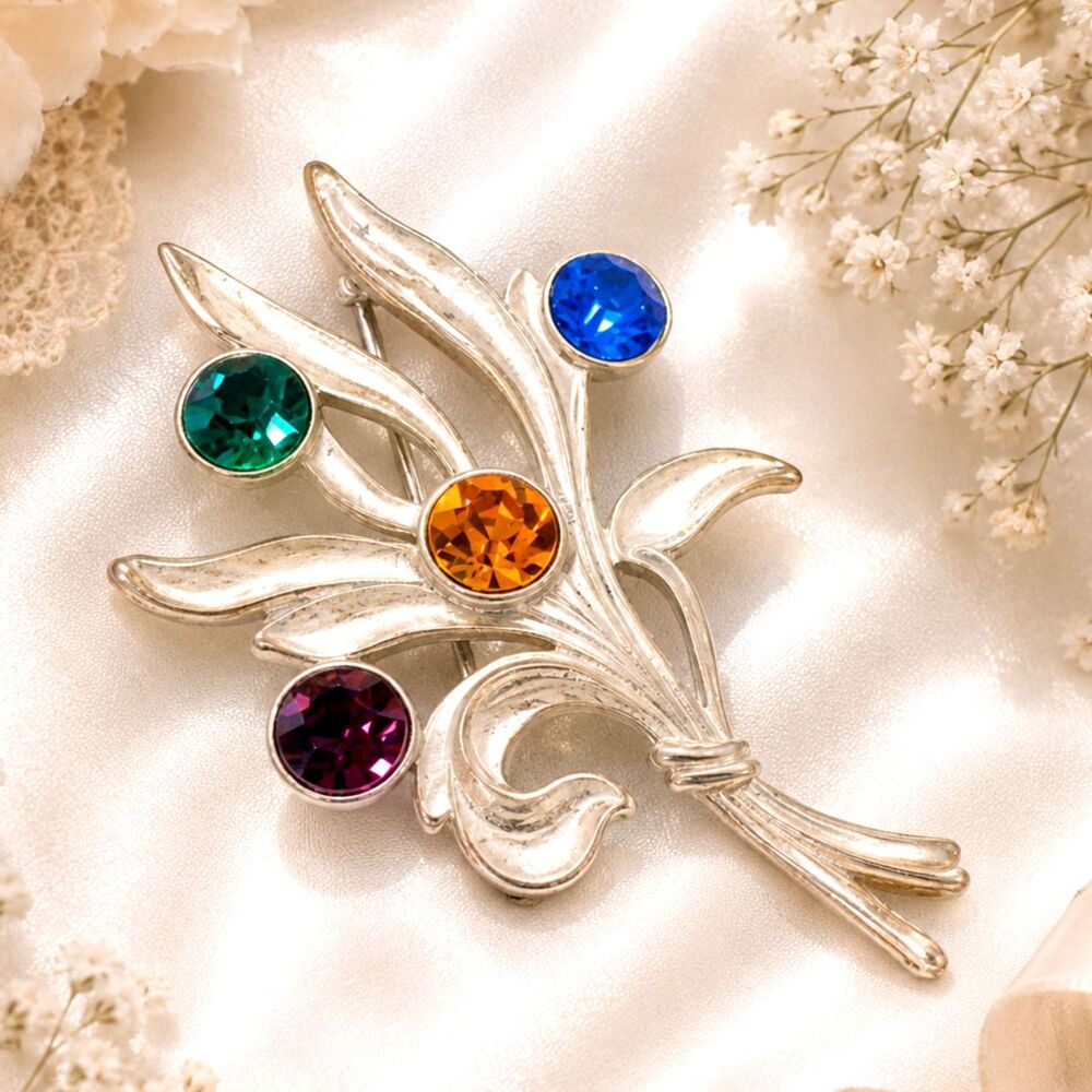 Vintage Silver Tone Jewel Tone Rhinestone Brooch